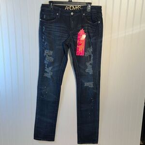AKDMKS Destroyed Razor Skinny Jeans Women’s 30 Dark Blue Ripped Paint Y2K Retro